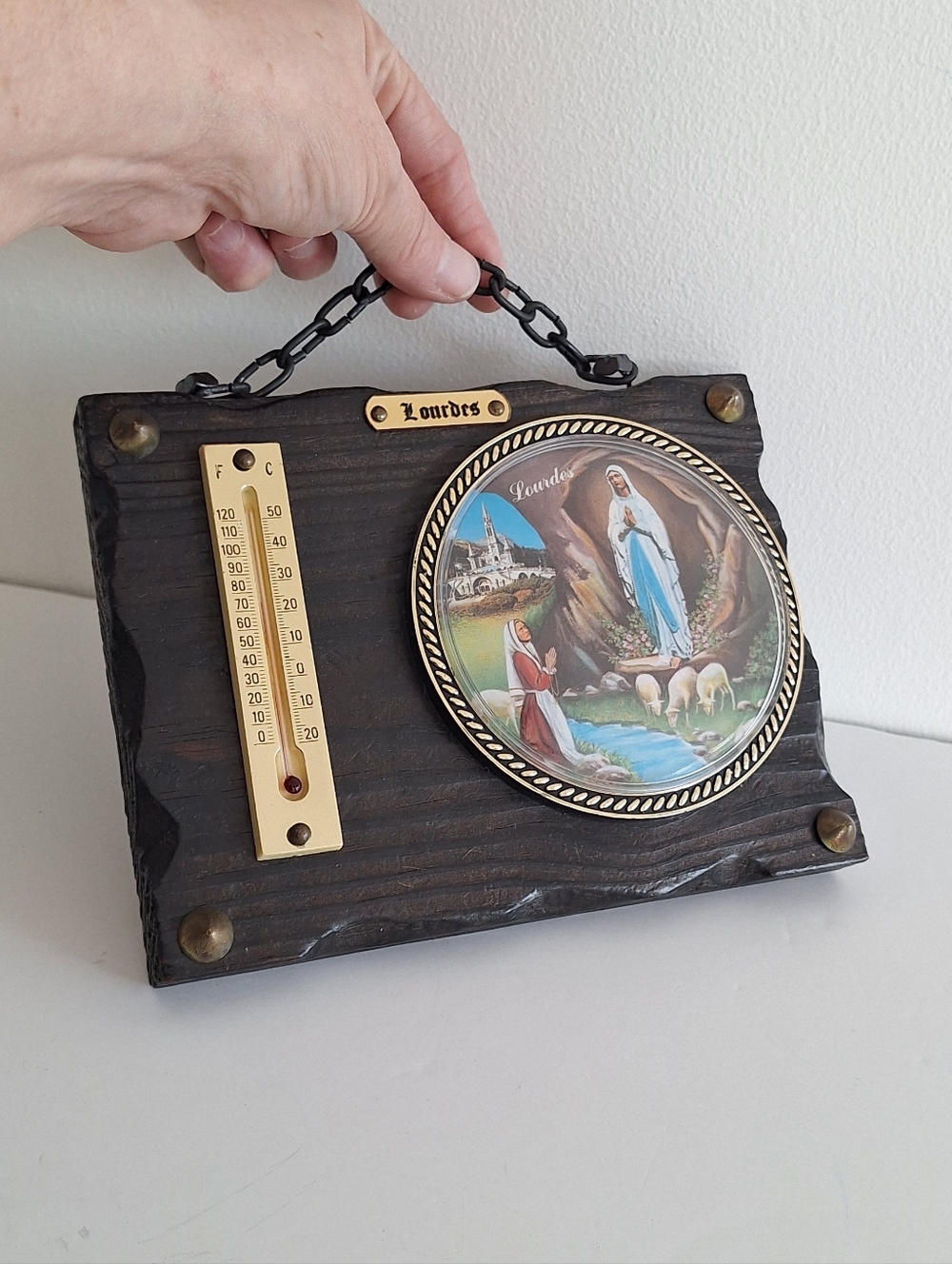 Lourdes thermometer in carved wood
